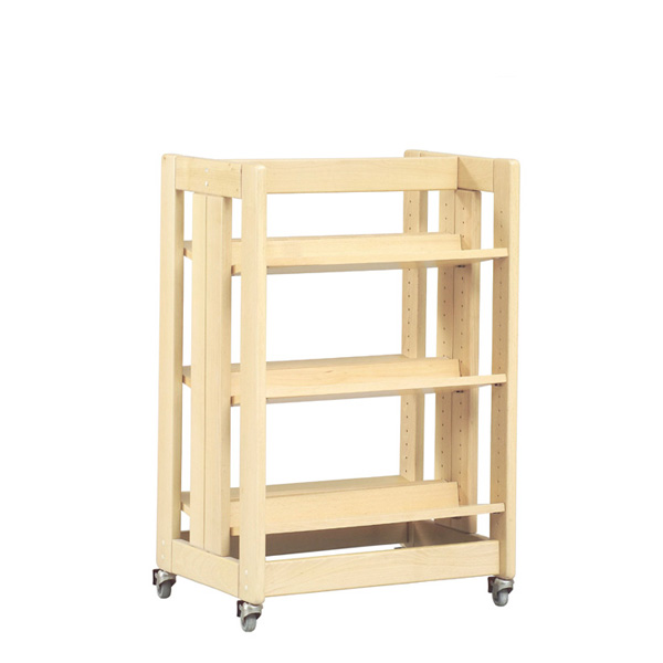 Le Chariot à livres est un chariot à étagères en bois clair avec une finition naturelle, trois étagères réglables, un cadre ouvert et quatre roues pivotantes pour faciliter la mobilité et le rangement.