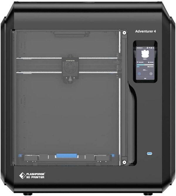 Une imprimante 3D FlashForge Adventurer 3 noire avec un panneau avant transparent, un écran tactile intégré à droite et des composants internes visibles - un modèle avancé de la série FLASHFORGE Adventurer d'Imprimante 3D.