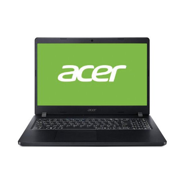 L'ordinateur portable ACER Travelmate 214-53 14" HD est montré ouvert de l'avant, révélant son clavier noir et un écran avec un fond vert et le logo Acer blanc, le tout sur un fond blanc uni.