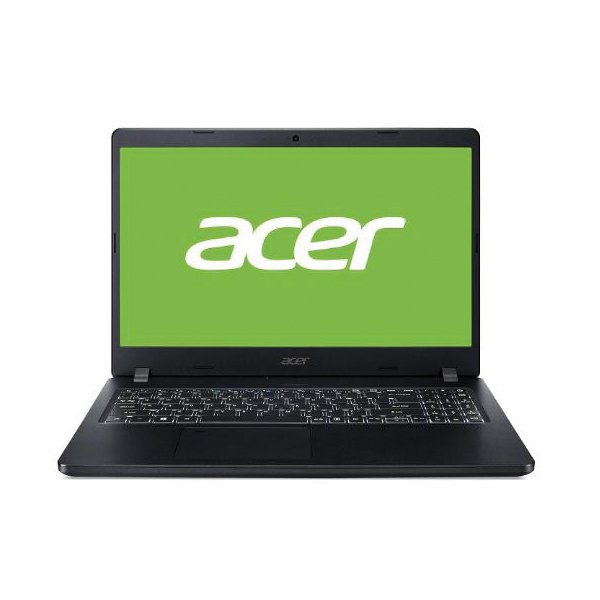 L'ordinateur portable ACER Travelmate 214-53 14" HD, présenté ouvert de face sur fond blanc, présente un design noir avec un écran affichant le logo Acer blanc sur fond vert.