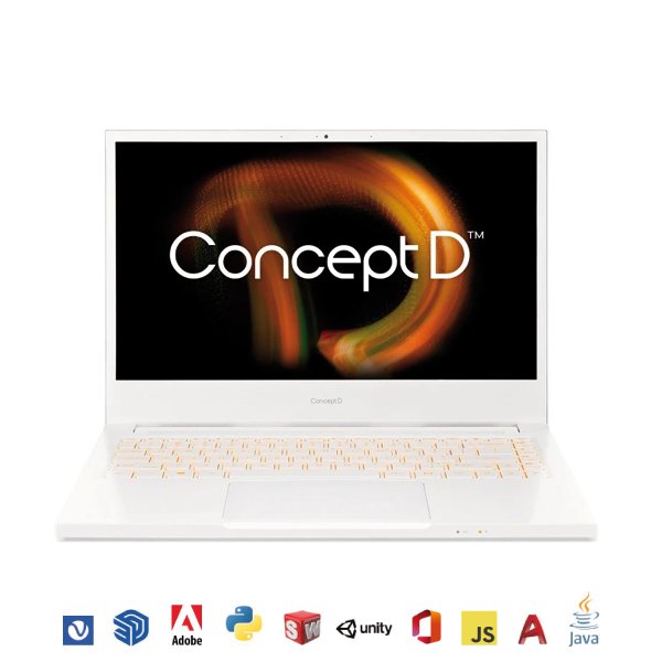 Un ordinateur portable ACER ConceptD3 Pro 16" WUXGA blanc ouvert affiche le logo ConceptD, avec des icônes en dessous pour Visual Studio, Adobe, Unity, JavaScript, Java, et d'autres logiciels et langages de programmation.
