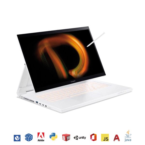 Un ordinateur portable convertible ACER ConceptD7 EzelGlass 15,6" UHD blanc, avec un stylo numérique dessinant des œuvres d'art colorées sur l'écran, est affiché au-dessus des icônes pour Adobe, Unity, JavaScript et Java.