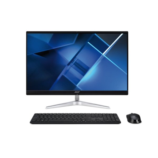 Une configuration de bureau comprenant un écran large avec un fond bleu abstrait, un ordinateur portable ACER Travelmate 214-53 14" HD, un clavier noir et une souris sans fil noire sur une surface blanche.