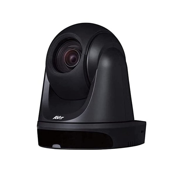 Un Caméra Aver DL30 noir avec un grand objectif est placé sur une surface plane, idéal pour la vidéoconférence ou la surveillance.