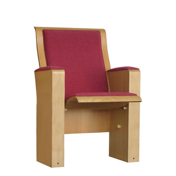 Le Fauteuil d'auditorium BARREIRO est une chaise en bois robuste avec des accoudoirs solides, un design simple en forme de boîte, et un dossier et une assise rembourrés en rouge pour plus de confort.
