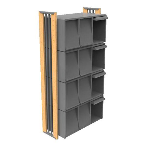 L'Étagère d'exposition BIBLUS est un meuble de rangement modulaire, robuste et compact, doté de quatre étagères grises et de parois en bois clair, offrant des compartiments ouverts pour une organisation polyvalente.