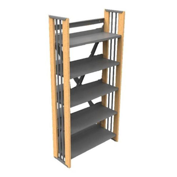 L'Étagère simple BIBLUS est une haute bibliothèque autoportante avec cinq étagères grises et des supports latéraux en bois clair, présentant un design moderne à cadre ouvert.