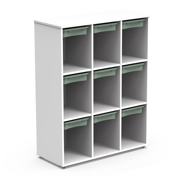 L'Armoire avec étagères présente un design moderne en grille blanche 3x3 avec neuf étagères ouvertes, dont cinq avec des bacs coulissants vert clair pour plus de rangement et d'organisation.