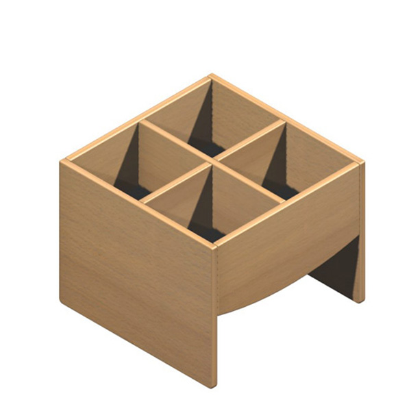 L'Album de rangement est un organisateur en bois avec quatre compartiments carrés, vus d'en haut et de biais. Il a un design rectangulaire simple et une finition en bois clair.