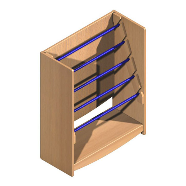 Une étagère à chaussures en bois avec quatre barres métalliques bleues pour le rangement des chaussures en angle et une étagère inférieure ouverte, illustrée ci-dessus, s'associe bien avec l'Étagère pour draps pour offrir un rangement polyvalent dans votre espace.