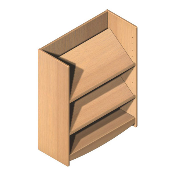 Les Étagères inclinées sont des porte-revues en bois avec trois étagères inclinées et une base plate, parfaites pour présenter et organiser des magazines ou des brochures. Il présente une façade ouverte et une finition en bois clair.