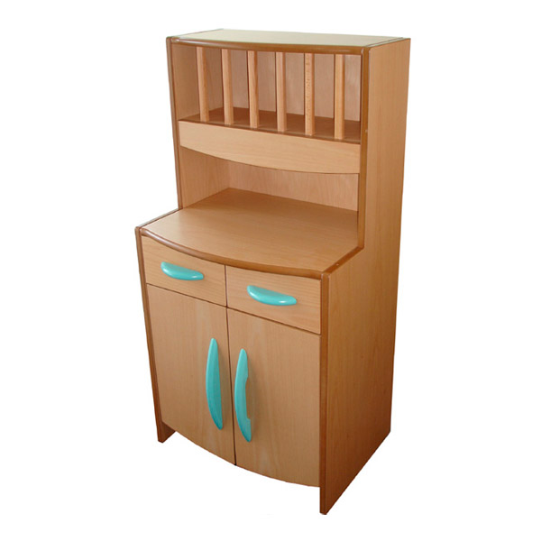Le Meuble à la vaisselle pour enfants est un meuble moderne et compact, doté de deux portes à poignée turquoise, de deux tiroirs et d'une étagère ouverte avec séparateurs. Il est idéal pour un rangement élégant dans les chambres d'enfants.