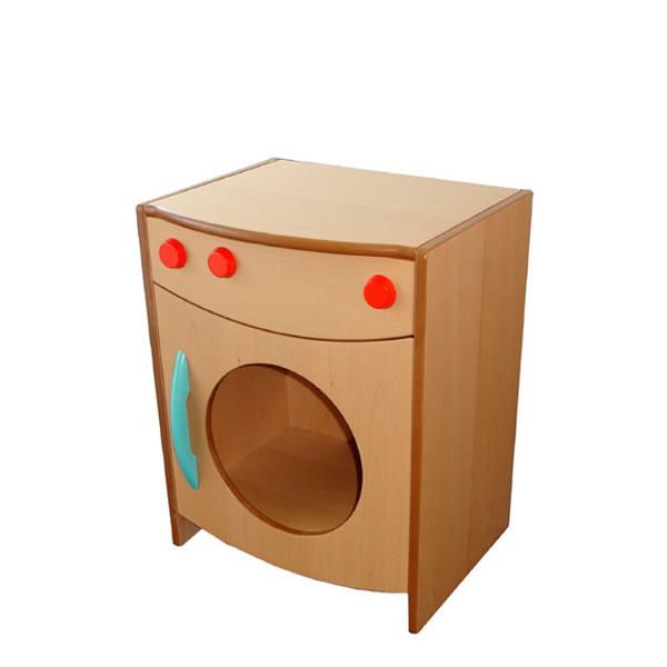 Le Lave-linge pour enfants est un lave-linge en bois pour les enfants, avec une porte ronde, une poignée turquoise et trois boutons de commande rouges sur le dessus.