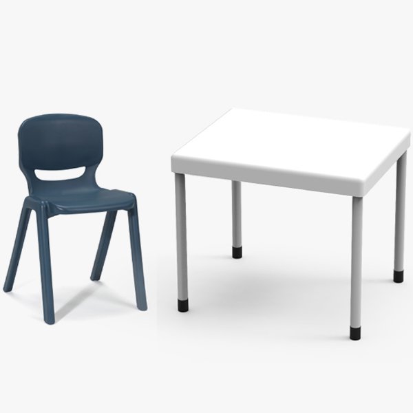 Une chaise Ergos One en plastique bleu foncé avec quatre pieds est placée à côté d'une Table Mais compacte avec un plateau blanc carré et des pieds en métal argenté, tous deux présentés sur un fond blanc uni.