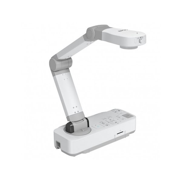 La Caméra de documents EPSON ELPDC21 est une caméra de documents blanche et grise avec un bras ajustable et plusieurs boutons de contrôle, conçue pour projeter des documents ou des objets sur un écran dans les salles de classe ou les bureaux.