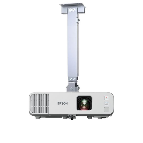 Vue de face du projecteur de plafond EPSON EB-L260F, monté au plafond avec lentille et évent visibles, sur fond blanc.