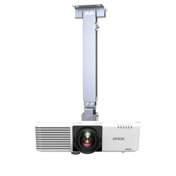 Un Projecteur de Plafond EPSON EB-L730U blanc est orienté vers l'avant, monté sur un support de plafond argenté, montrant sa lentille et ses orifices d'aération.