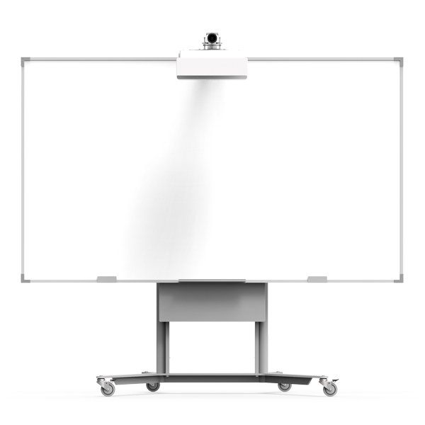 Le Netboard New Basic mobile - Epson est un grand tableau blanc sur roues avec un projecteur Epson monté au-dessus, soutenu par un cadre et une base en métal avec quatre roulettes, présenté sur un fond blanc uni.
