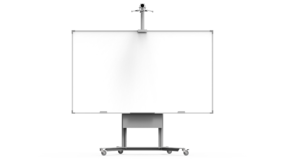Le Netboard New Basic VP fixe - Epson est un grand tableau blanc sur un support métallique à roulettes, doté d'un plateau inférieur et d'un bras supérieur réglable, sur un fond blanc uni.