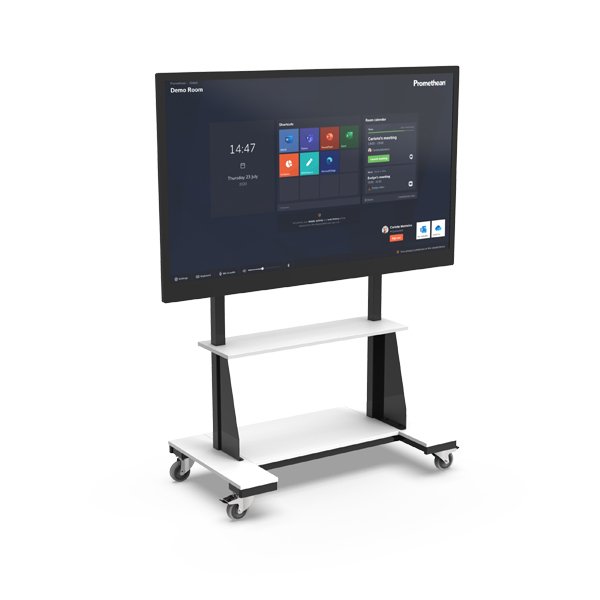 Le Netboard New Basic Mobile - Promethean est un grand écran tactile interactif sur un support à roulettes noir et blanc avec une interface numérique et une tablette, offrant une collaboration flexible et engageante, idéale pour les salles de classe.