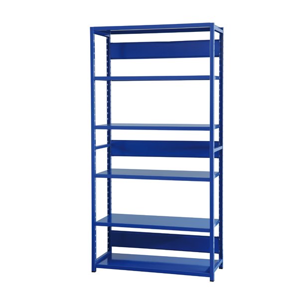 L'Étagère en acier est un haut meuble de rangement en métal bleu à six étagères, représenté vide et debout sur fond blanc.