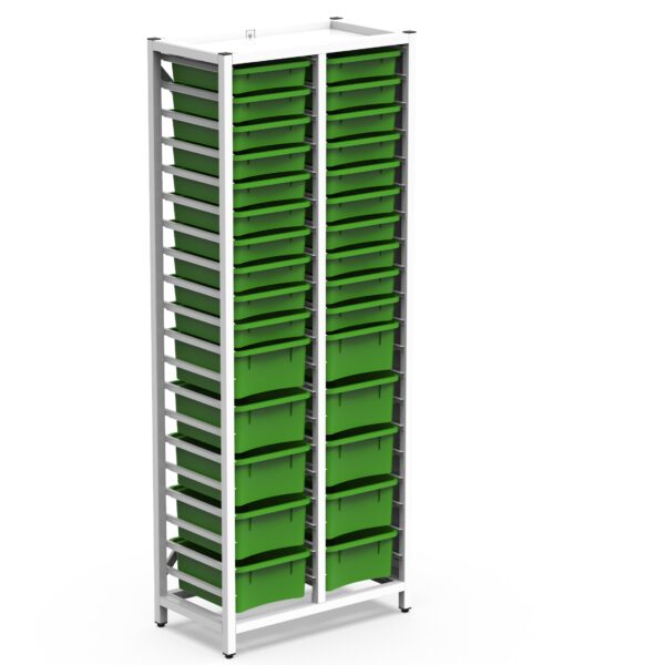 Armoire métallique avec étagères à 2 colonnes, dotée de 22 bacs de rangement verts rectangulaires qui s'insèrent parfaitement dans la structure blanche.