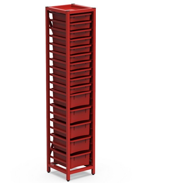 L'Armoire métallique avec plateaux 1 colonne est une armoire métallique haute et étroite avec douze plateaux rouges empilés sur une colonne, soutenue par un solide cadre rouge à quatre pieds.