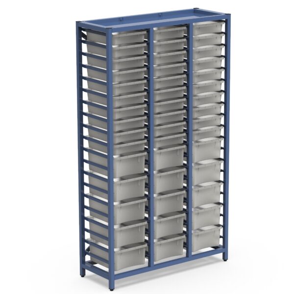 L'Armoire métallique avec étagères à 3 colonnes est une grande armoire métallique bleue comprenant trois sections verticales avec plusieurs rangées de bacs en plastique transparent pour un rangement organisé.