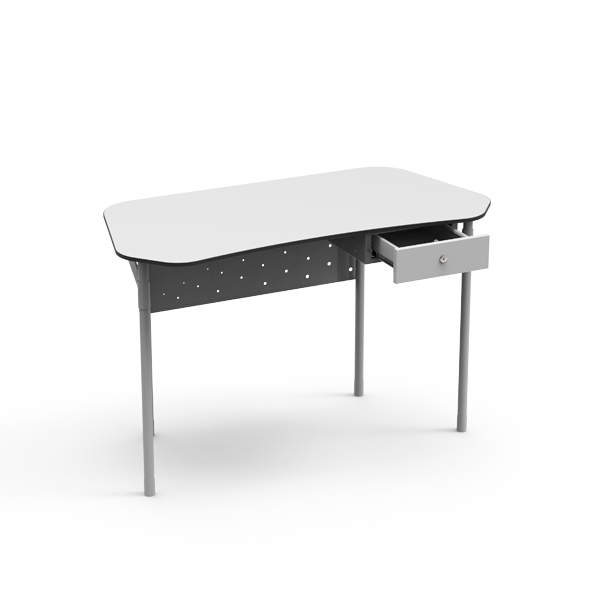 Mesa de sala de aula Desk21 em formato boomerang, com estrutura de aço para ambiente escolar