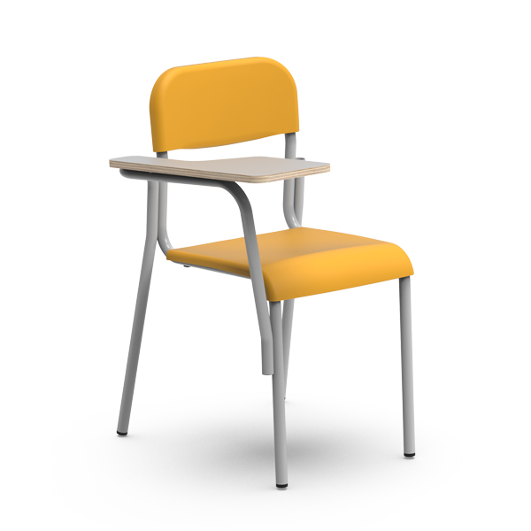 La Chaise MAIS avec palette est une chaise jaune avec de solides pieds en métal et une tablette d'écriture en bois à droite, présentée sur un fond blanc.