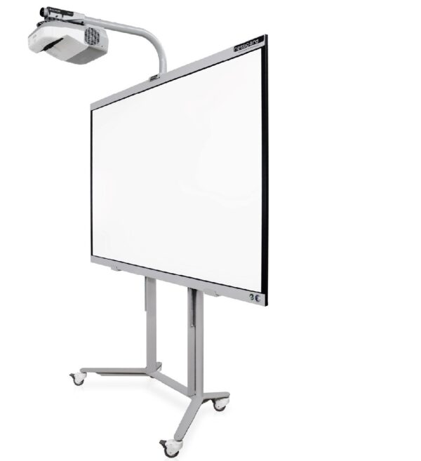 Le Netboard Easy Mobile - Epson est un tableau blanc interactif numérique sur roulettes avec un bras de projecteur, idéal pour les salles de classe ou les bureaux. Présenté sur fond blanc.