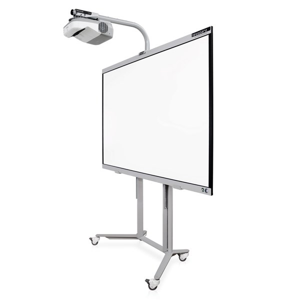 Le Netboard Easy Mobile - Epson est un tableau blanc interactif mobile sur roues doté d'un cadre métallique robuste, d'une surface d'affichage vierge et d'un bras pour rétroprojecteur.
