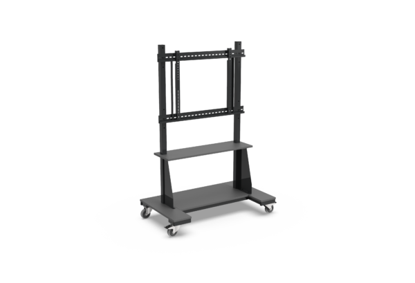 Le Netboard New Basic Mobile - Promethean est un support métallique noir doté d'un support réglable, d'une étagère centrale et de quatre roues pivotantes, conçu pour les téléviseurs ou les moniteurs.