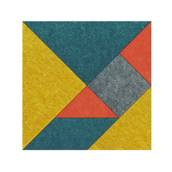 Un carré géométrique inspiré du Tangram de Panneau MUTE, composé de triangles de feutre colorés (jaune, sarcelle, gris, orange) et d'un parallélogramme gris, chaque forme touchant au moins une autre dans l'arrangement.