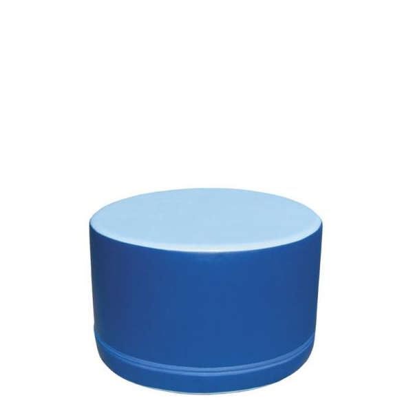 Le Pouf rond est un pouf rond, bleu, doux, à la surface lisse, présenté sur un fond blanc uni.