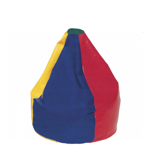 La chaise Pouf poire petit est composée de panneaux verticaux rouges, bleus et jaunes, surmontés d'une petite section verte, présentés sur un fond blanc uni.
