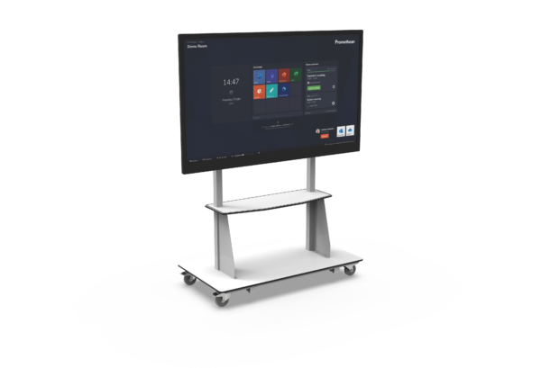 Le Netboard New Basic Mobile - Promethean est un grand écran tactile sur un support à roulettes avec une étagère inférieure, affichant diverses icônes d'applications et des informations sur l'heure sur son interface utilisateur.