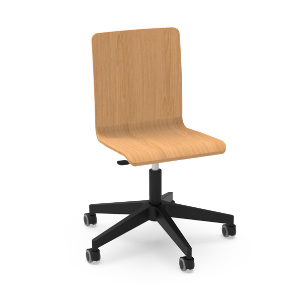 La Chaise RETA Spin est une chaise en bois avec une assise et un dossier incurvés sur une base noire à cinq roues, offrant mobilité et style pour les bureaux modernes.