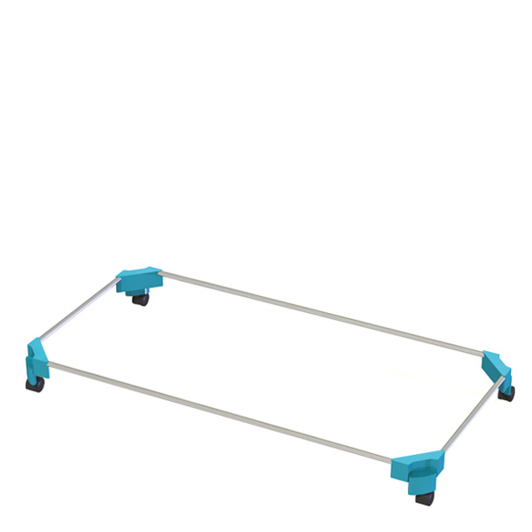 La Base de lit empilable présente un cadre métallique rectangulaire avec des coins en plastique bleu et quatre roues pivotantes noires, sur fond blanc.