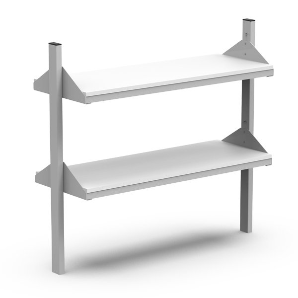 L'Élévation à 2 niveaux pour banc central est une étagère murale en métal blanc à deux niveaux, avec deux étagères horizontales et des supports latéraux robustes, offrant une solution simple et moderne pour le rangement du banc central.