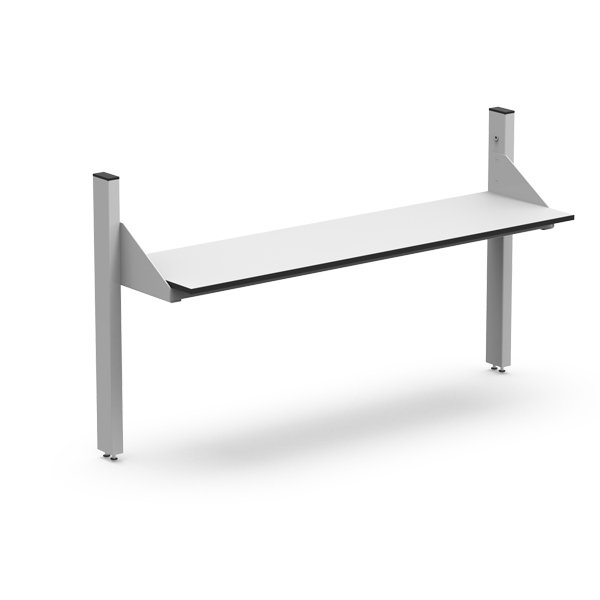 L'Élévation à 1 niveau pour plateau est un bureau mural minimaliste et moderne avec un plateau rectangulaire blanc et des supports métalliques gris, présentés sur un fond blanc uni.