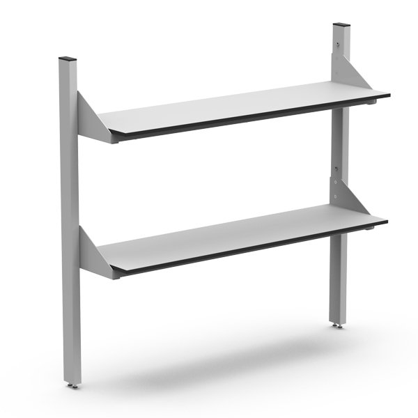 L'Élévation à 2 niveaux est un rayonnage métallique composé de deux tablettes plates et rectangulaires soutenues par des équerres et deux pieds verticaux, conçu pour être fixé au mur ou sur un établi.