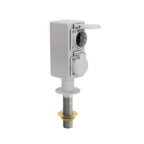 Boîte de sortie blanche, verticale, 2 blocs d'électrification avec prises - une prise ouverte, une fermée - montée sur un tuyau métallique fileté avec une bague en laiton près de la base.