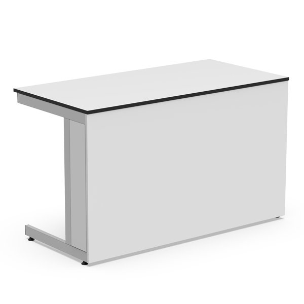 La Paillasse murale centrale avec panneaux est un bureau moderne rectangulaire blanc avec un panneau solide sur un côté, un espace ouvert sur l'autre, et une base métallique robuste.