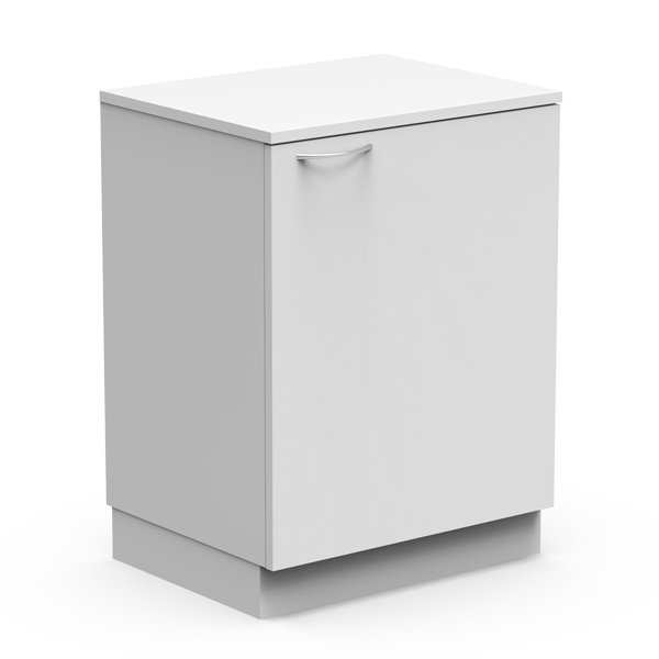 Le Module bas à 1 porte est une armoire blanche simple avec une poignée métallique minimaliste, posée sur une base plate et présentée sur un fond blanc.
