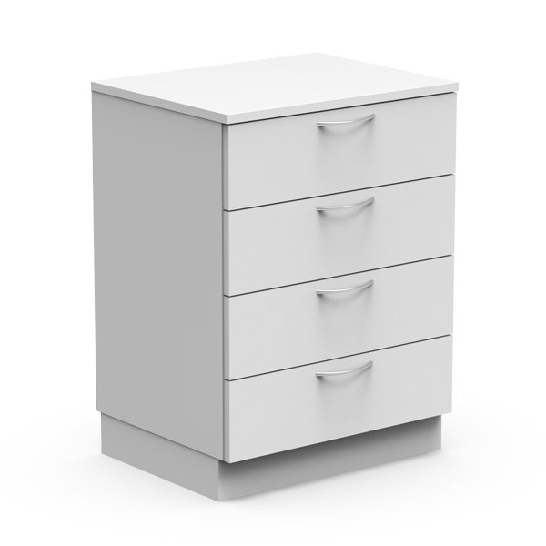 Le Module inférieur fixe avec tiroirs est un meuble blanc simple à quatre tiroirs avec des poignées incurvées, posé sur un petit socle et présenté sur un fond blanc.