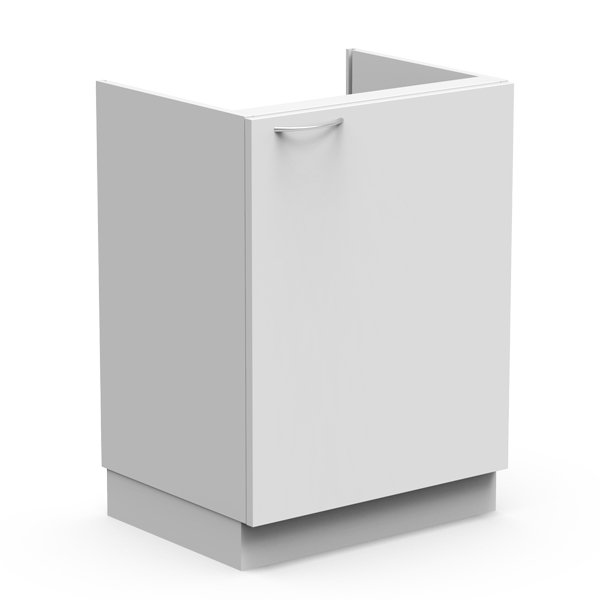 Le Module de lavage 1 porte est une armoire de cuisine blanche élégante avec une seule porte, une poignée en métal, une base encastrée et une section découpée à l'arrière.