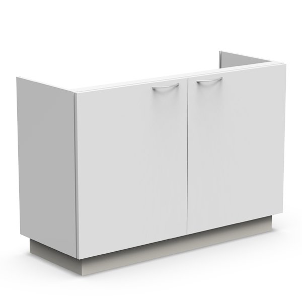 Le Module de lavage 2 portes est un meuble bas rectangulaire blanc avec deux portes fermées et des poignées argentées, conçu avec un dessus et un dos ouverts pour faciliter l'installation de l'évier. Il repose sur une base encastrée pour plus de fonctionnalité.