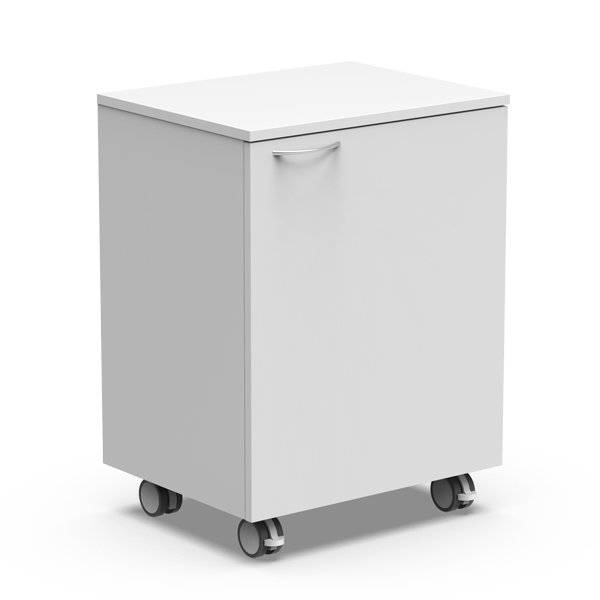 Le Module 1 porte avec roulettes est un meuble de rangement rectangulaire blanc avec une seule porte frontale et une poignée incurvée, monté sur quatre roulettes sur un fond blanc uni.