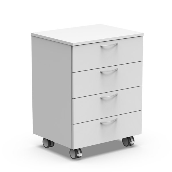Le Module inférieur avec tiroirs est un meuble blanc à quatre tiroirs sur roulettes, présenté sur un fond blanc uni. Il est doté de poignées incurvées et d'un design épuré et moderne.